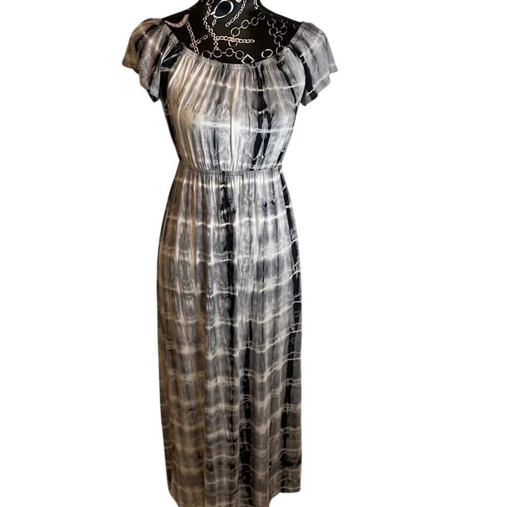 One Clothing Los Angeles Grey Black Tie Dye Off Shoulder Maxi Dress Womens Small